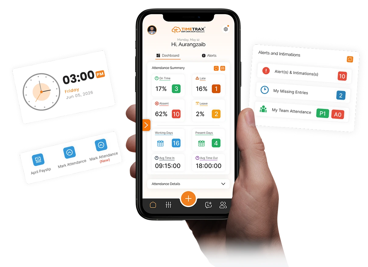 TimeTrax mobile app: attendance summary, alerts and intimations, payslip and mark-attendance shortcuts