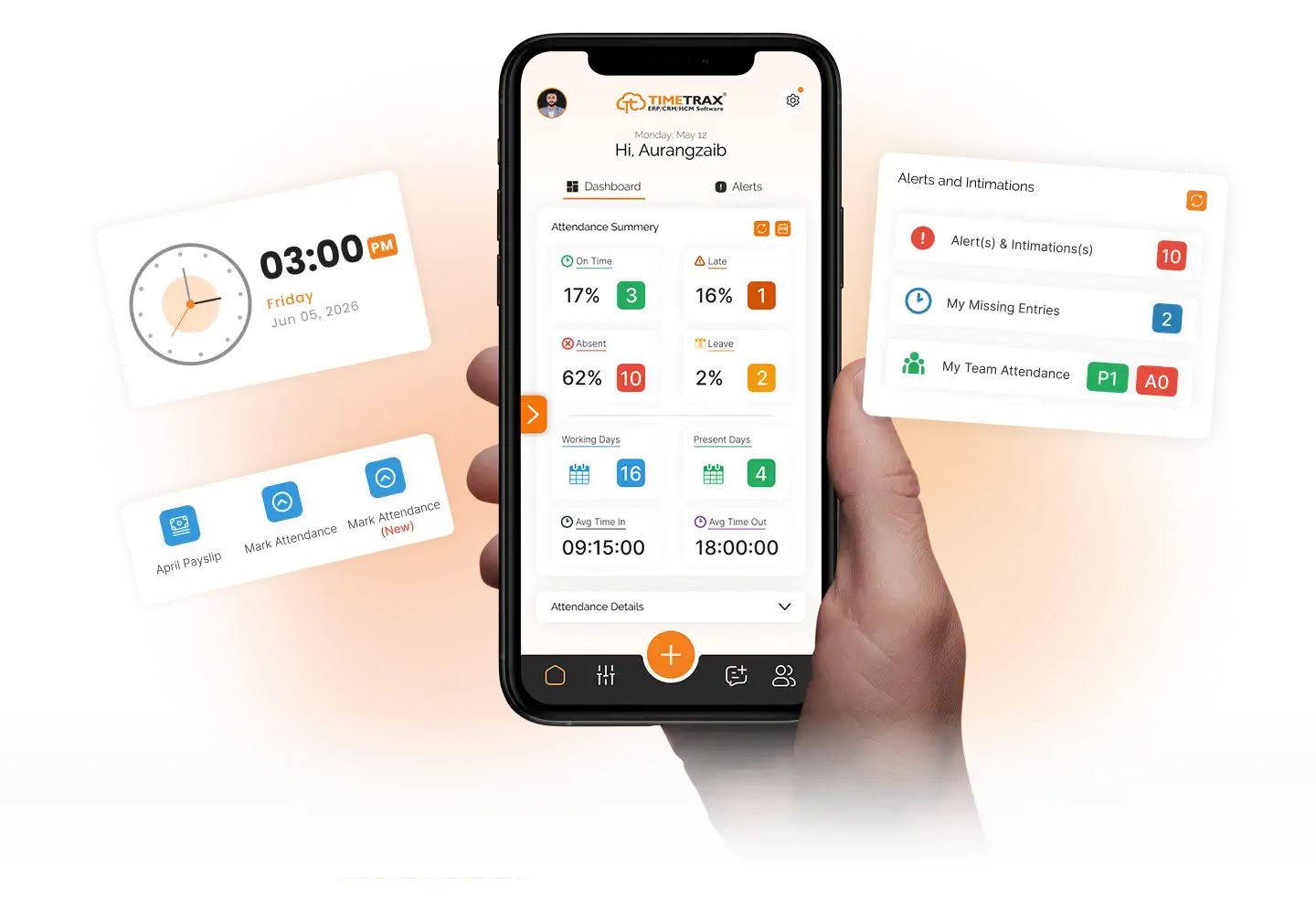 TimeTrax mobile app screens showing attendance, payslips and approvals